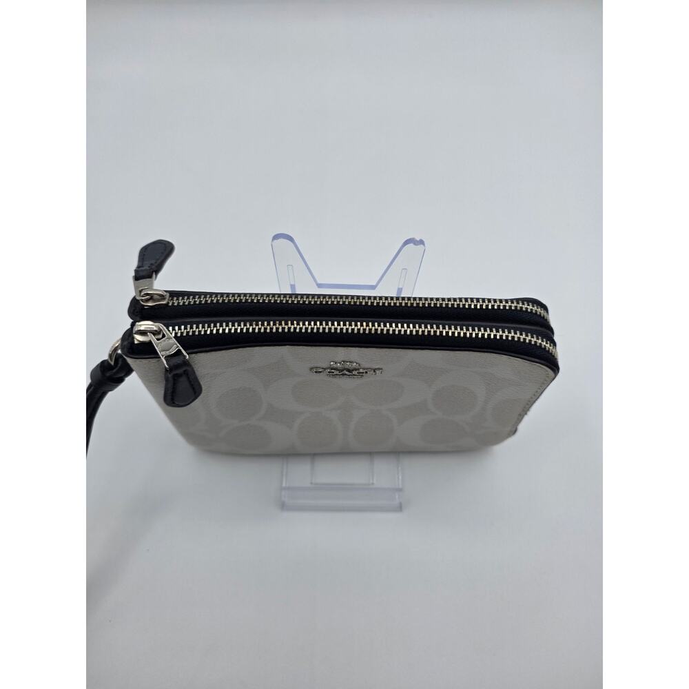 Coach Double Zip Wristlet White Signature C Canvas Black Leather Wallet EUC - Picture 3 of 15